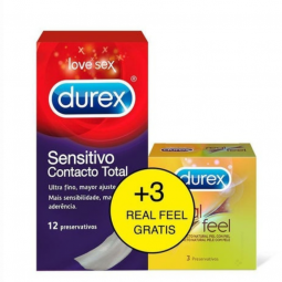 DUREX SENSITIVO CONTACTO TOTAL 12 UDS + 3 DUREX REAL FEEL...